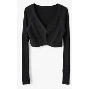 Out From Under Ribbed Cropped Cardigan Top Black Long Sleeve Size L/G